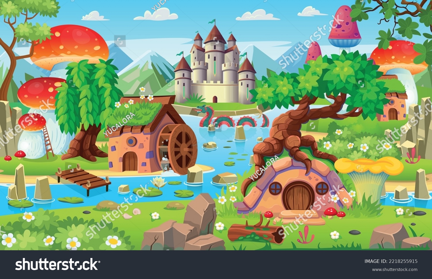 SVG of Landscape with islands, mountains and a river and houses of hobbits and gnomes. Fantasy castle with towers on the island.Vector cartoon landscape with kingdom, islands, rocks, big lake and clouds.   svg