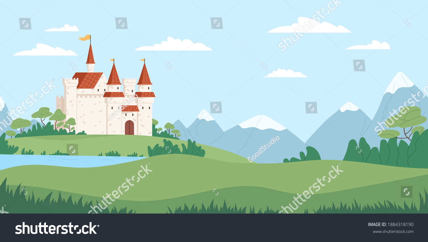 SVG of Landscape with medieval castle vector flat illustration. Fairytale fortress near river, mountains and fields. Beautiful scenery with facade of historical building. Panoramic view with royal palace svg
