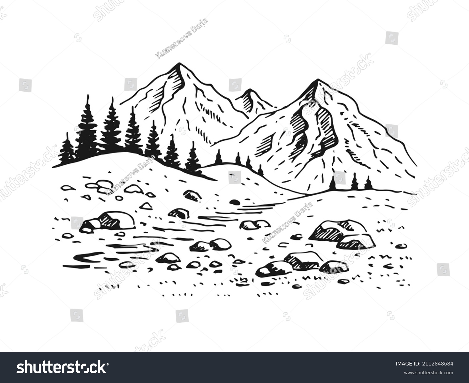 Landscape Mountains Forest Hand Drawn Illustration Stock Vector ...