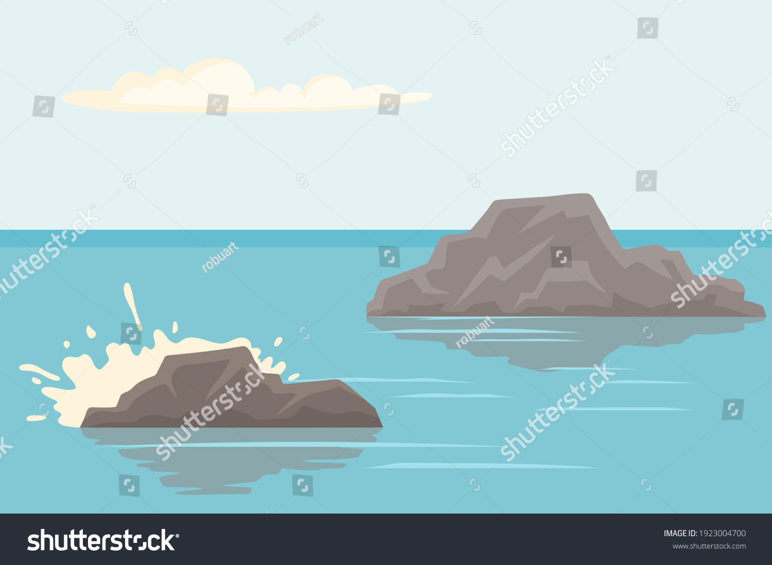 1 591 832 Sea Rocks Background Images Stock Photos Vectors Stock Vector Landscape With Salty Water On Seashore Waves Hit Rocks And Spray Scatters Water Surface Of Sea 1923004700