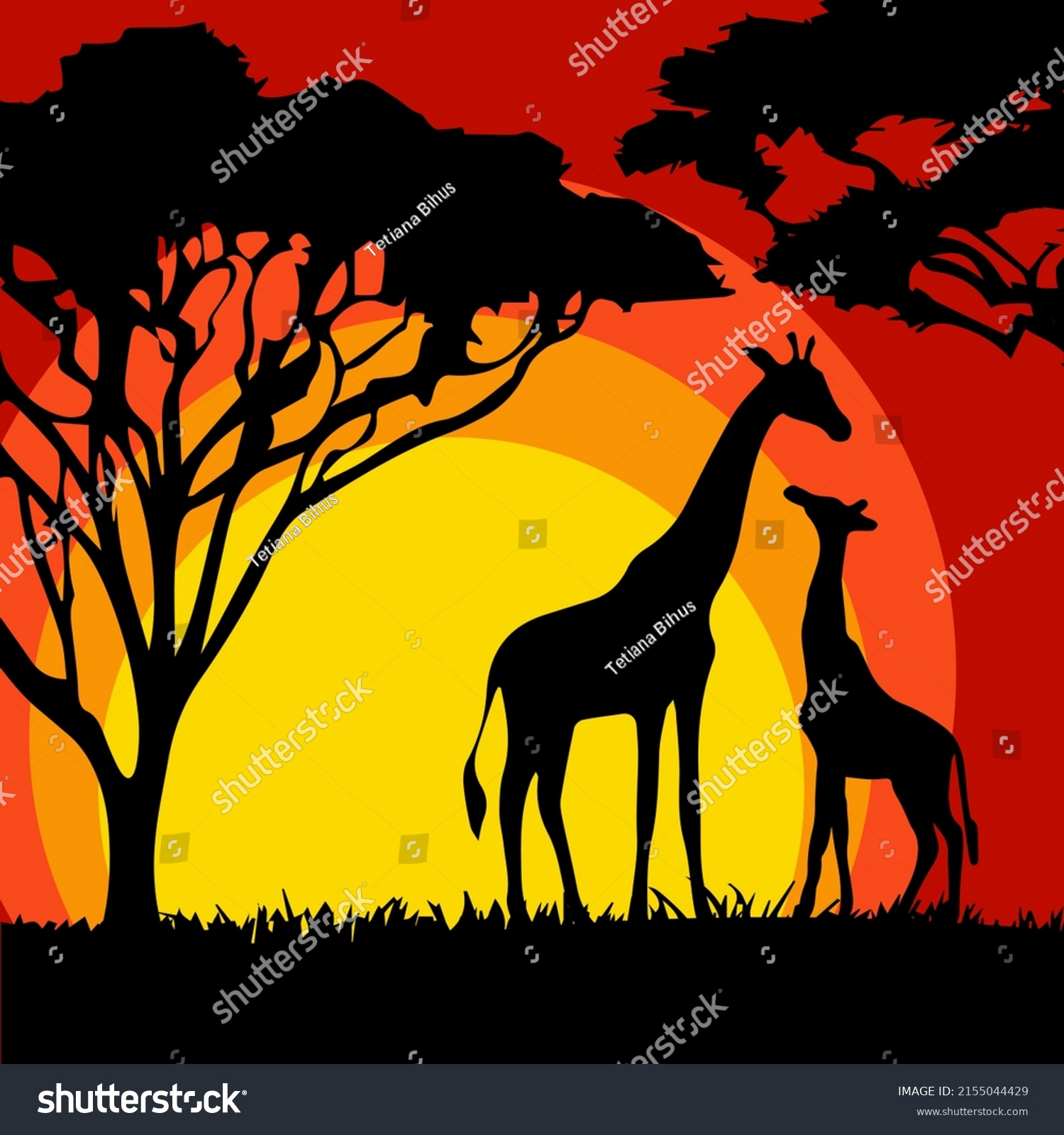 Landscape Silhouettes Giraffes Africa Vector Illustration Stock Vector ...