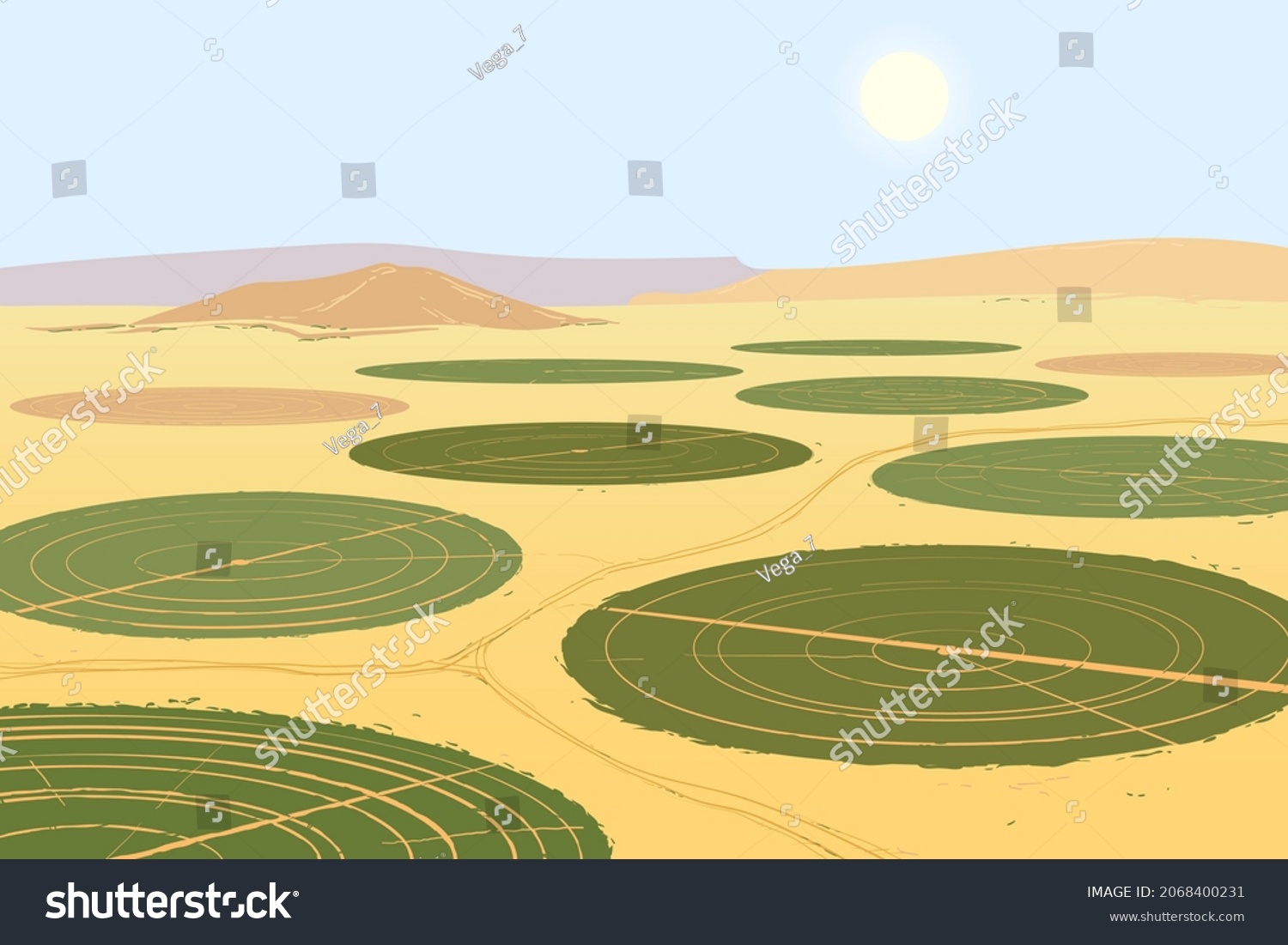 SVG of Landscape with surrounding agricultural fields in the desert. Technology of development of barren lands in arid regions. Circular irrigation system for growing food. Vector illustration. svg