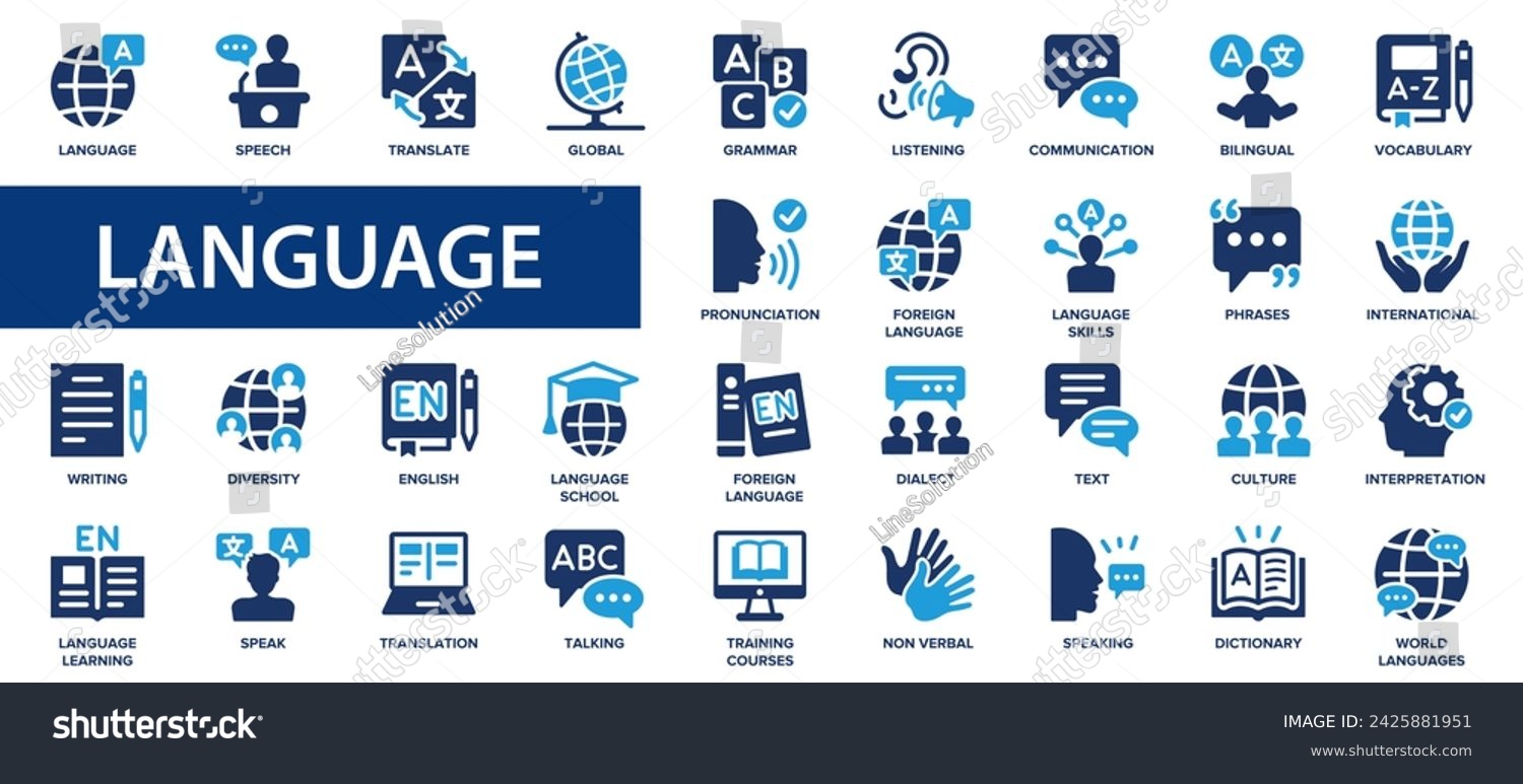 SVG of Language flat icons set. Speaking, translate, speak, communication, speech, dialect icons and more signs. Flat icon collection. svg