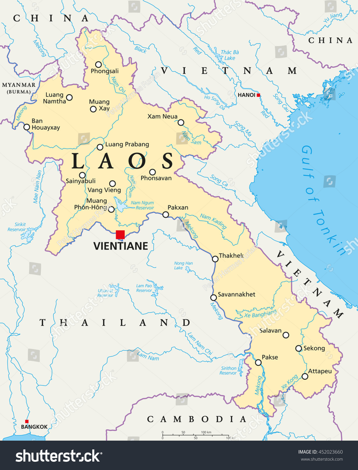 Laos Political Map Capital Vientiane National Stock Vector