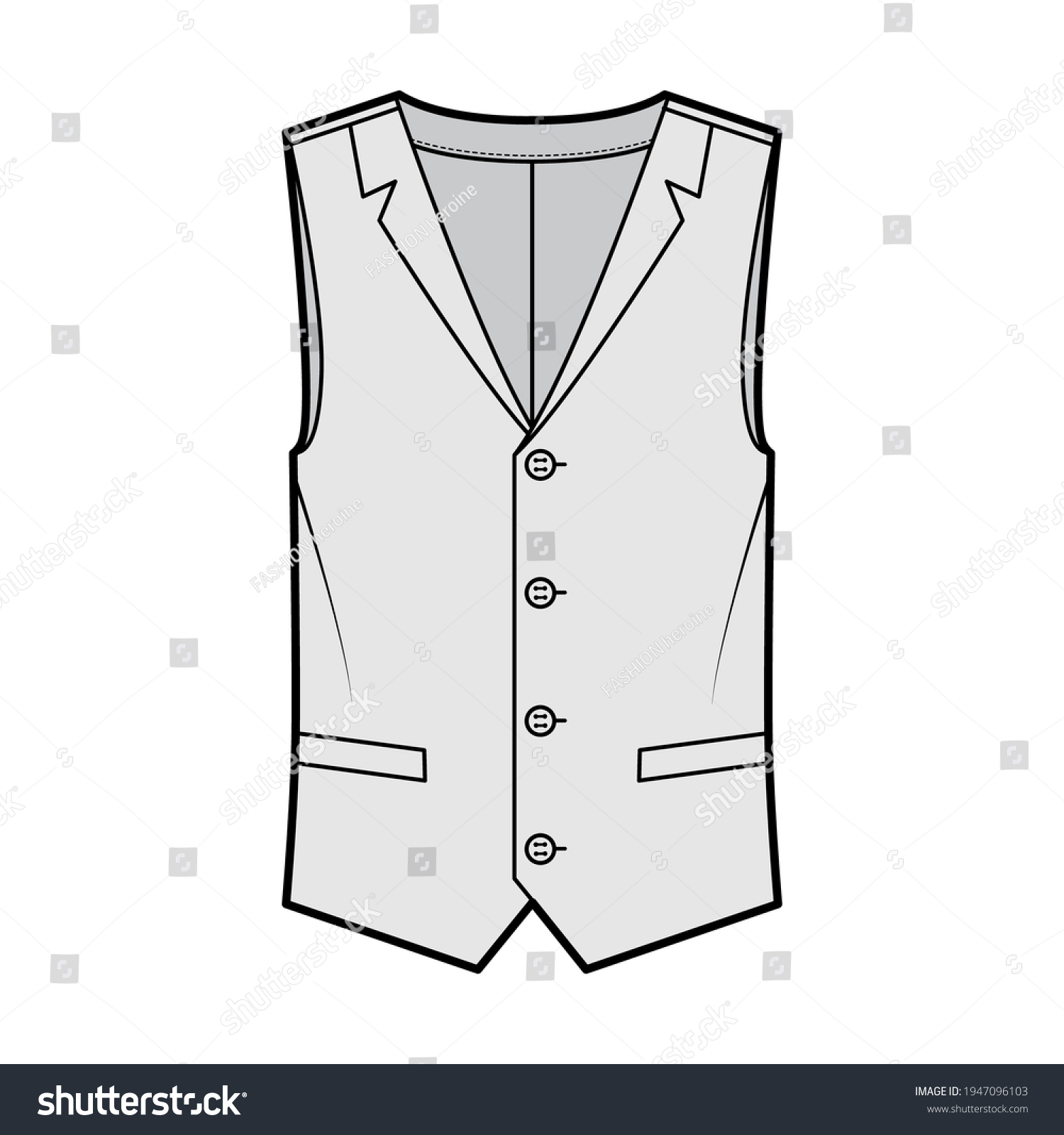 Lapelled Vest Waistcoat Technical Fashion Illustration Stock Vector ...