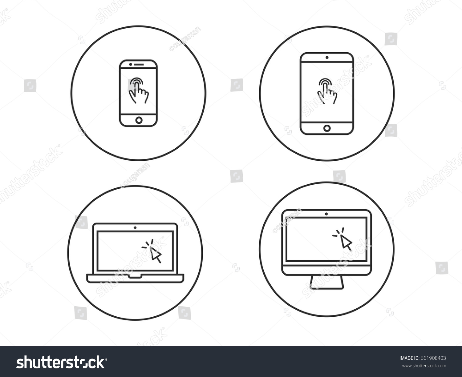 SVG of Laptop computer, tablet, mobile with finger gesture and cursor vector line icon  svg