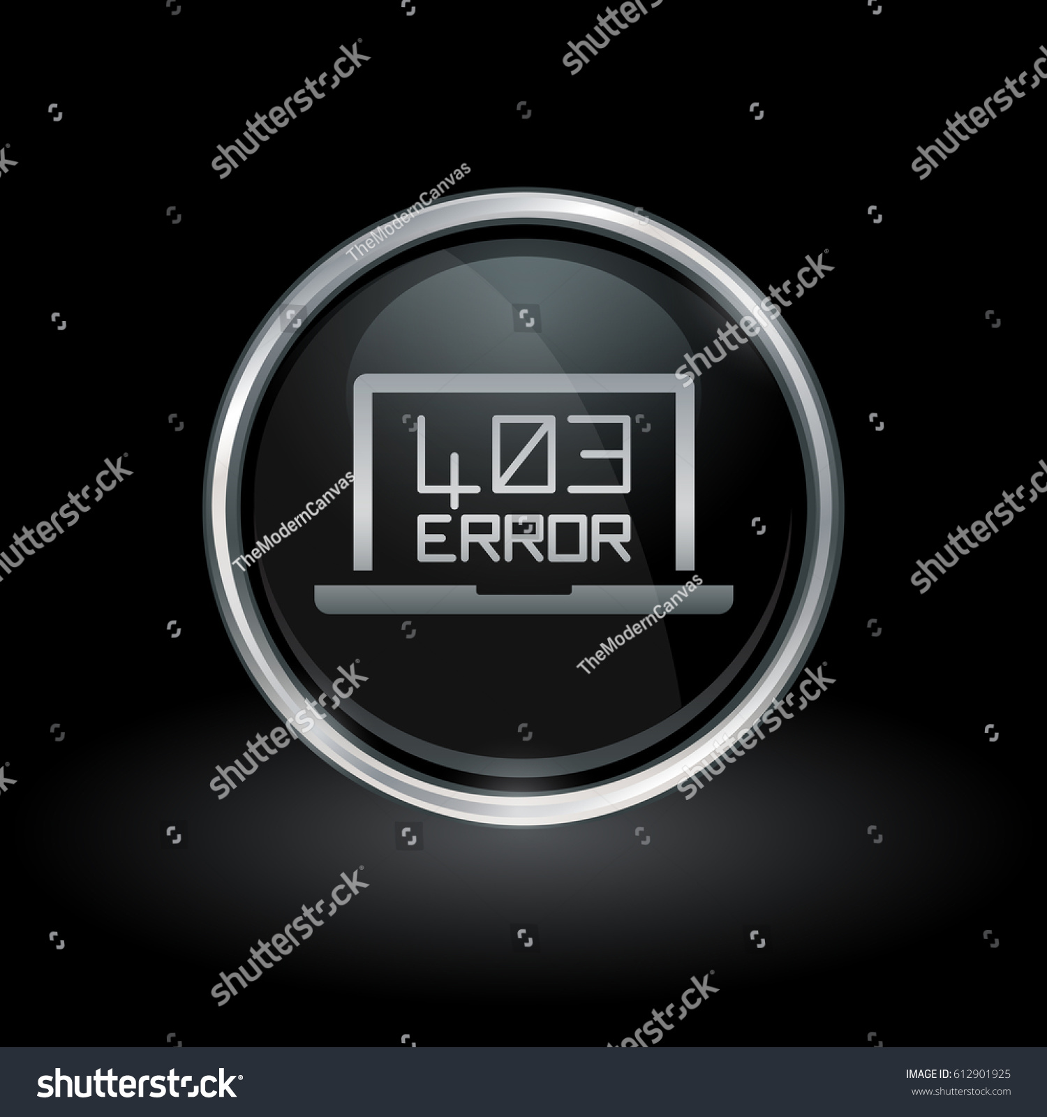SVG of Laptop webpage error symbol with HTTP Error 403 - Access Forbidden icon inside round chrome silver and black button emblem on black background. Vector illustration. svg