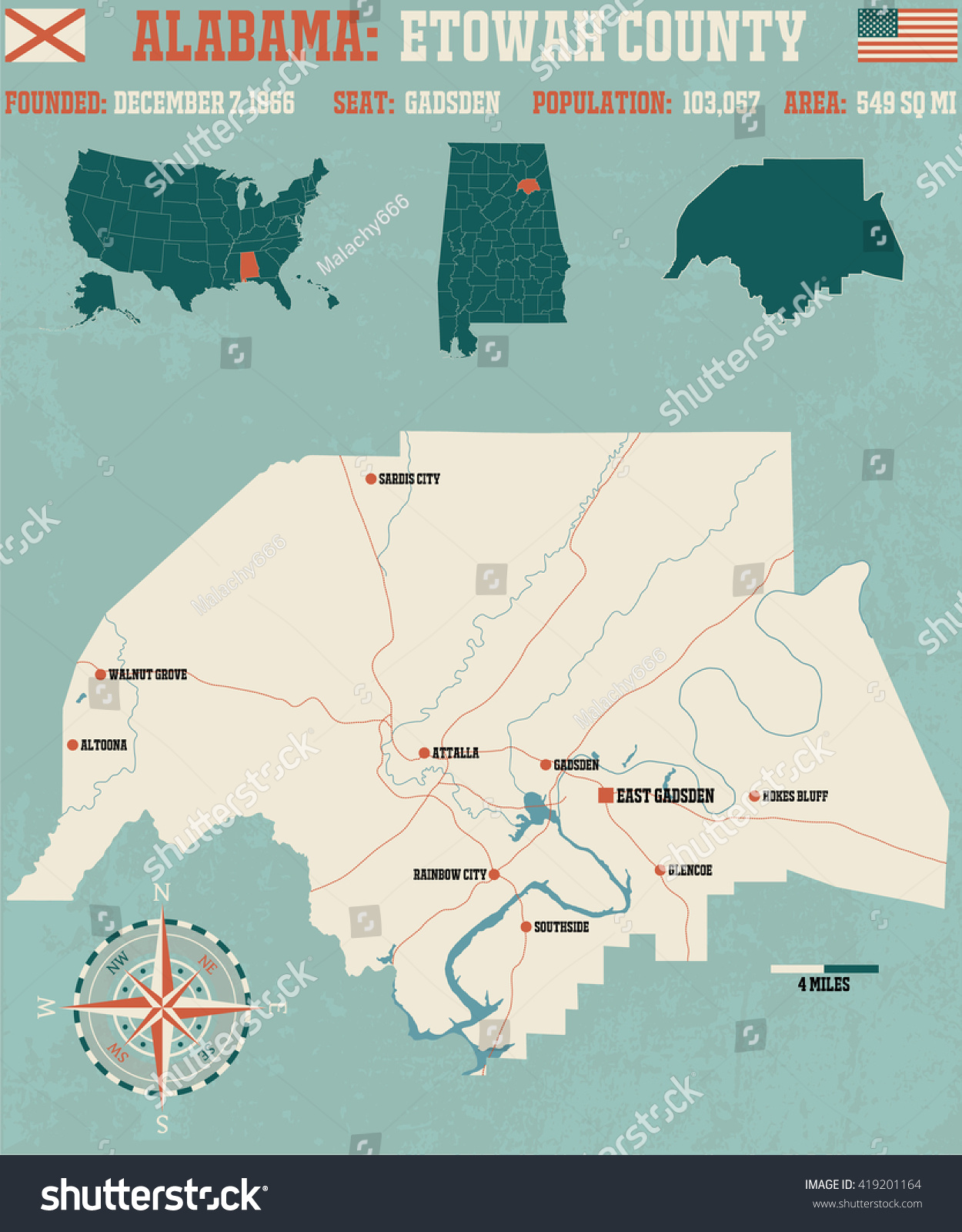Map Of Etowah County Large Detailed Map Infos About Etowah Stock Vector (Royalty Free) 419201164  | Shutterstock