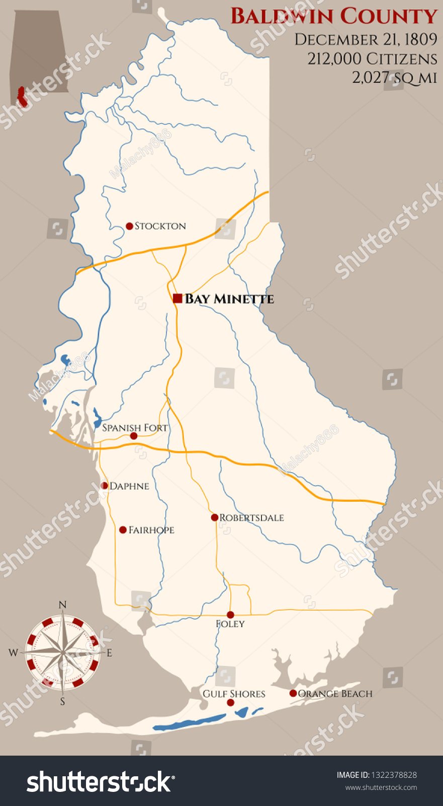 Vektor Stok Large Detailed Map Baldwin County Alabama Tanpa Royalti 1322378828 Shutterstock 1958