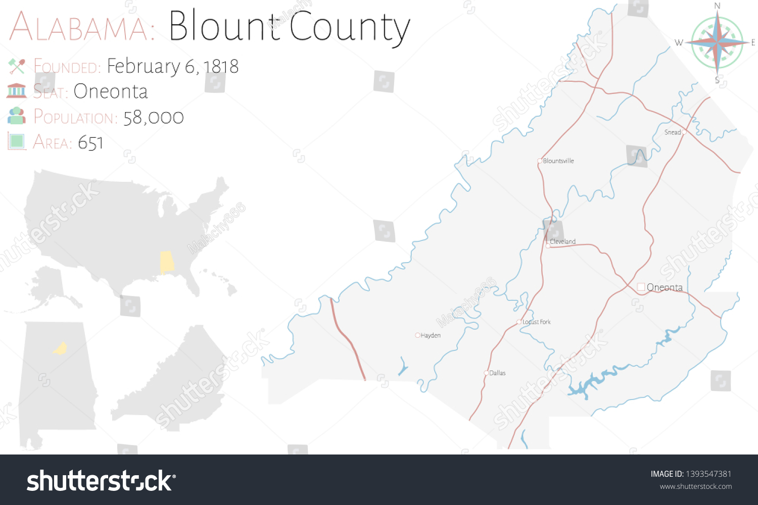 Vektor Stok Large Detailed Map Blount County Alabama (Tanpa Royalti ...