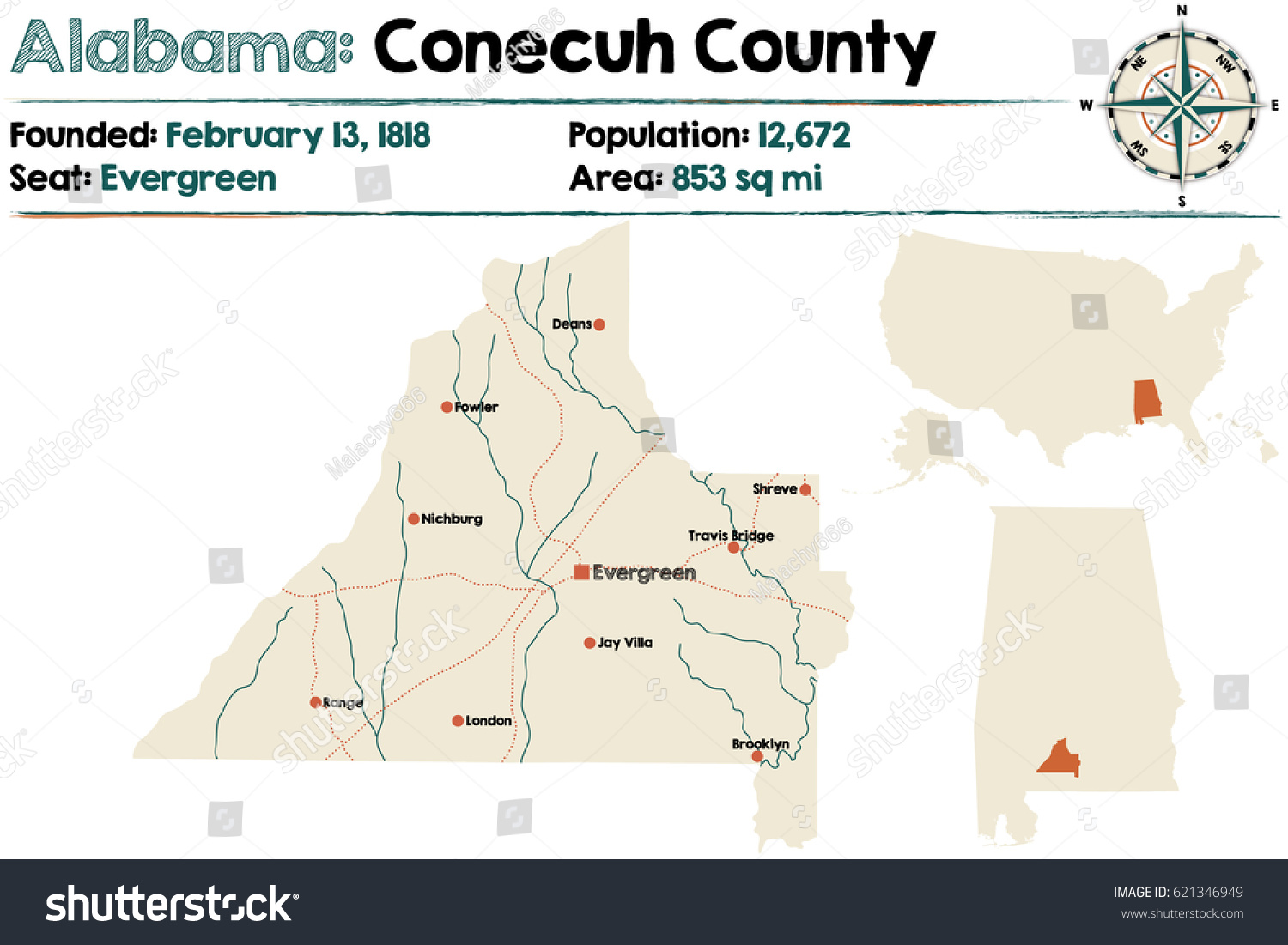 Large Detailed Map Conecuh County Alabama Stock Vector Royalty Free 621346949