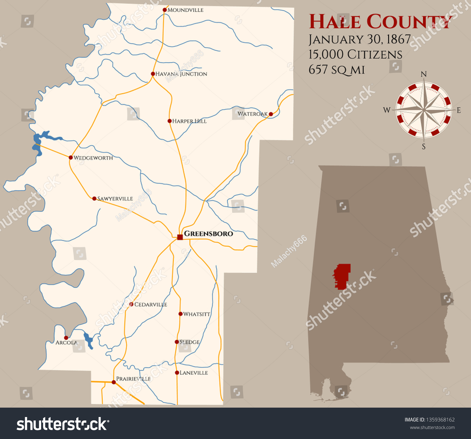 Large Detailed Map Hale County Alabama Stock Vector Royalty Free 1359368162 Shutterstock 5735
