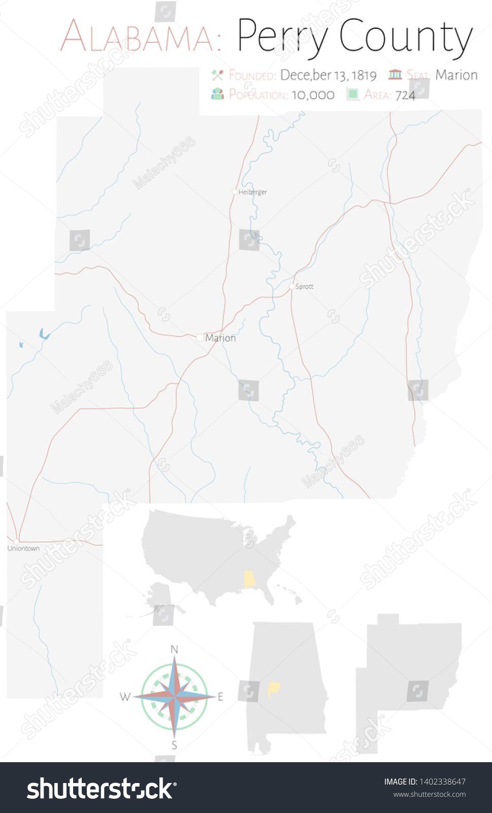 Large Detailed Map Perry County Alabama Vector De Stock Libre De Regalías 1402338647 9314