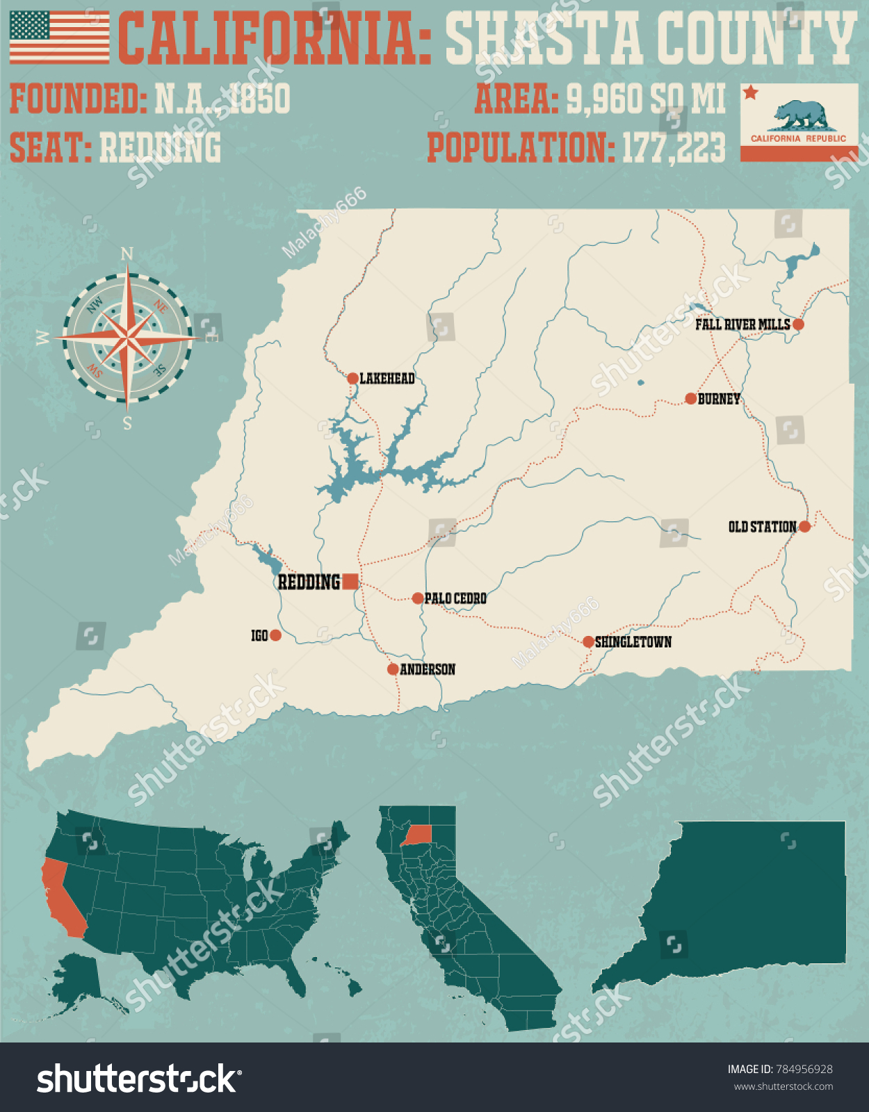 Large Detailed Map Shasta County California: vector de stock (libre de regalías) 784956928