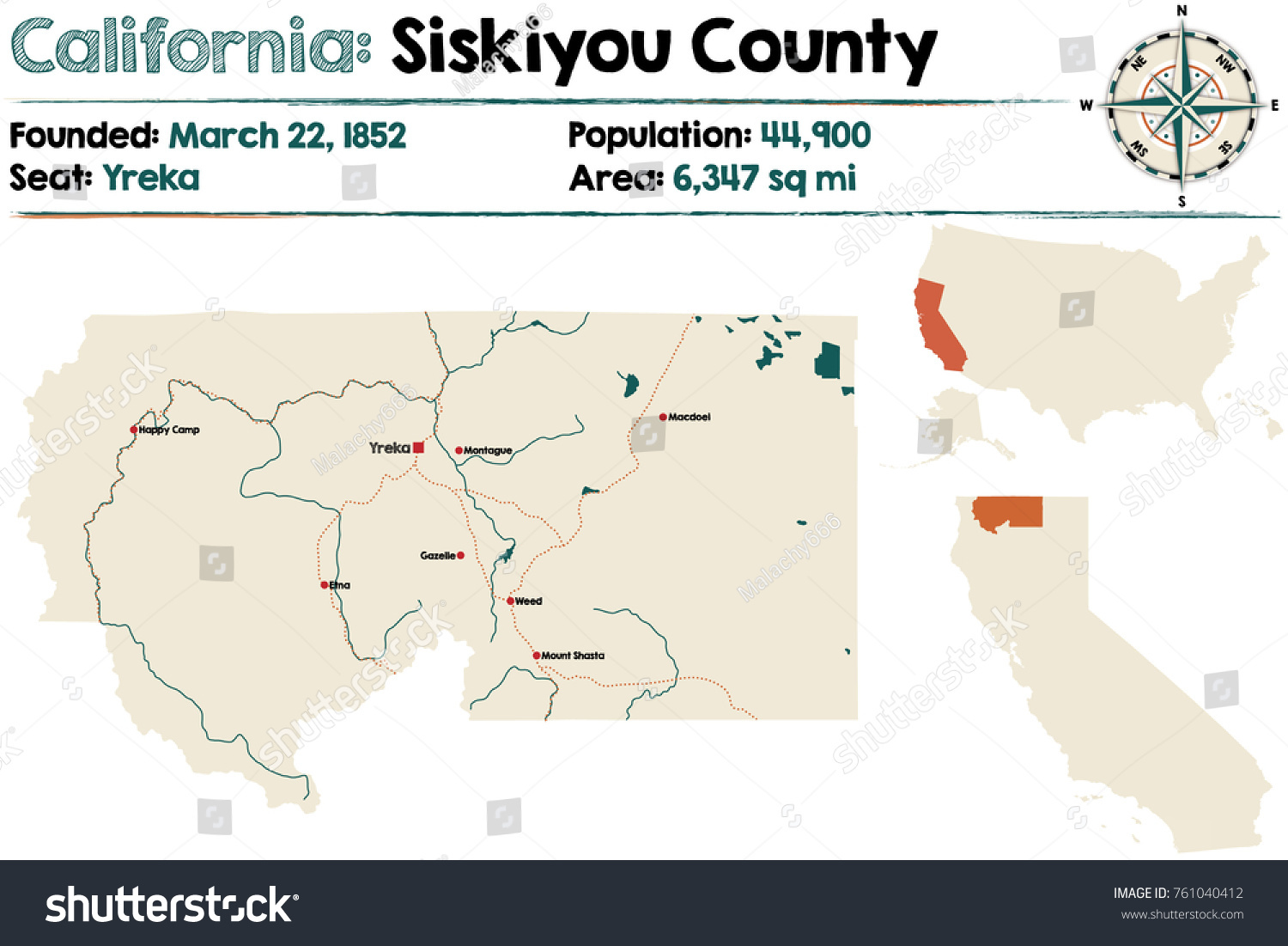 Large Detailed Map Siskiyou County California: стоковая векторная ...