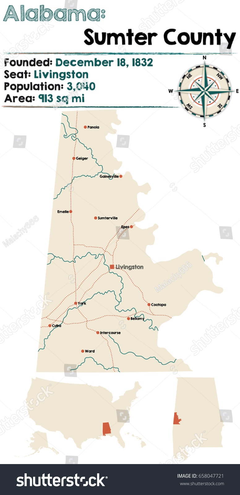 Large Detailed Map Sumter County Alabama Stock Vector Royalty Free 658047721 Shutterstock 7237