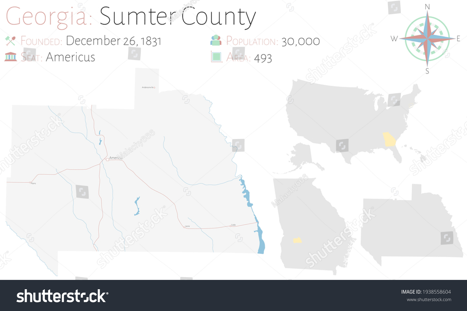 Large Detailed Map Sumter County Georgia Stock Vector Royalty Free 1938558604 Shutterstock 5957