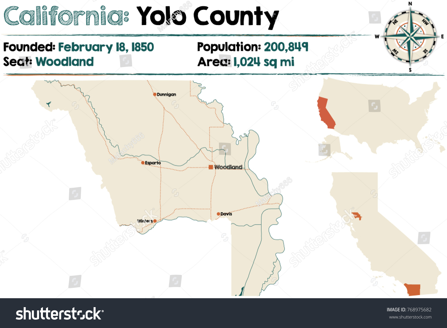 Large Detailed Map Yolo County California Stock Vector Royalty Free 768975682