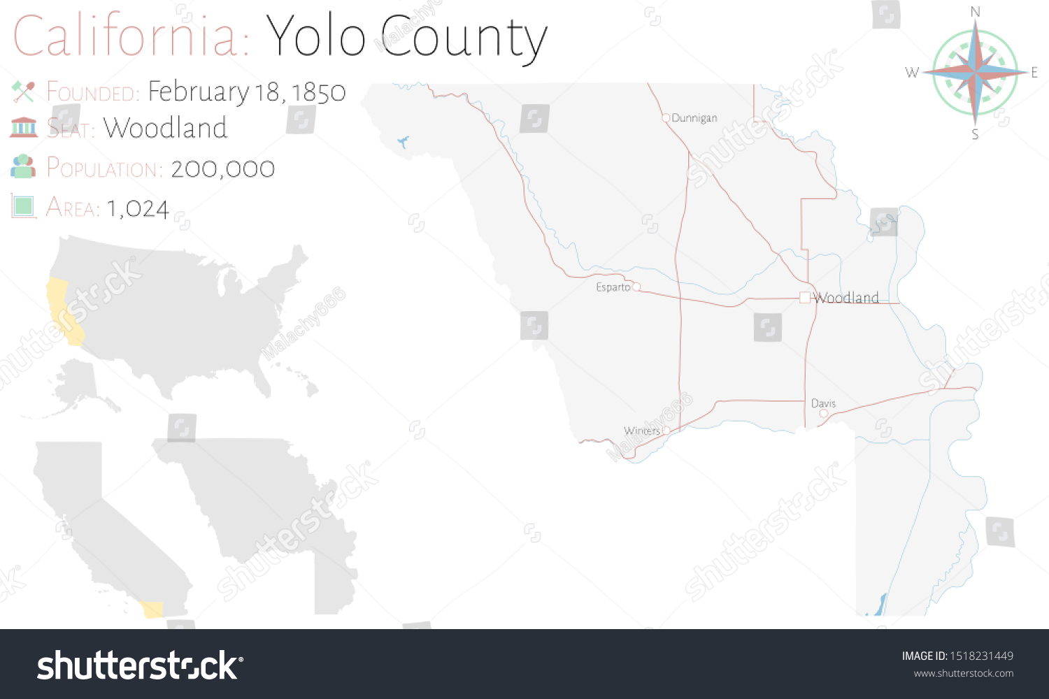 Large Detailed Map Yolo County California Vetor Stock Livre De Direitos 1518231449