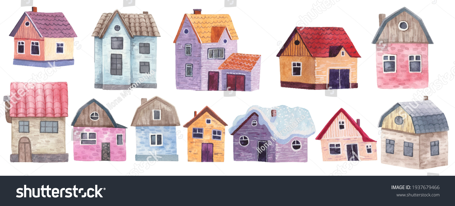 SVG of large set of cute decorative simple houses, childrens illustration in watercolor svg