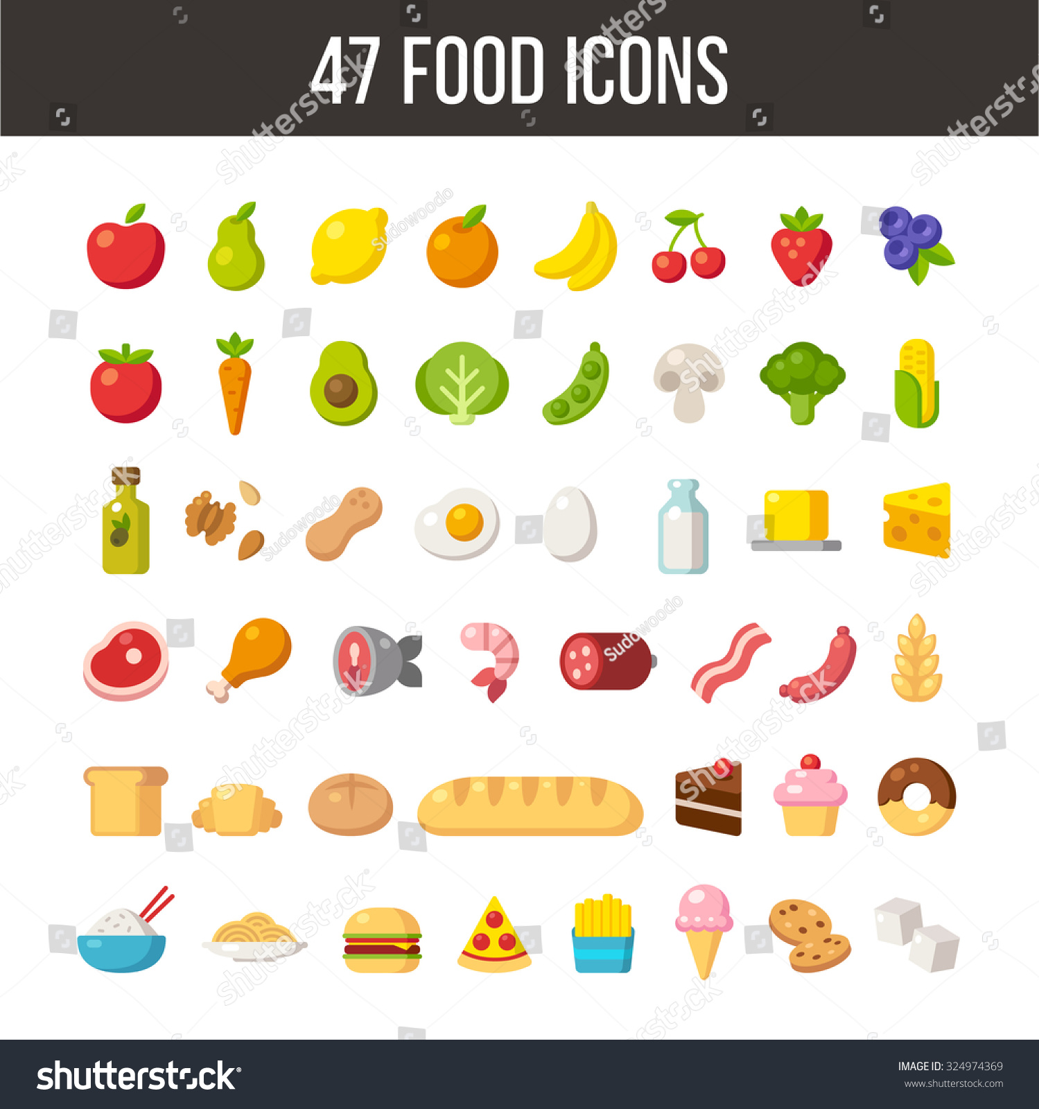 Large Set Of Flat Cartoon Food Icons: Meat And Dairy, Fruits And ...