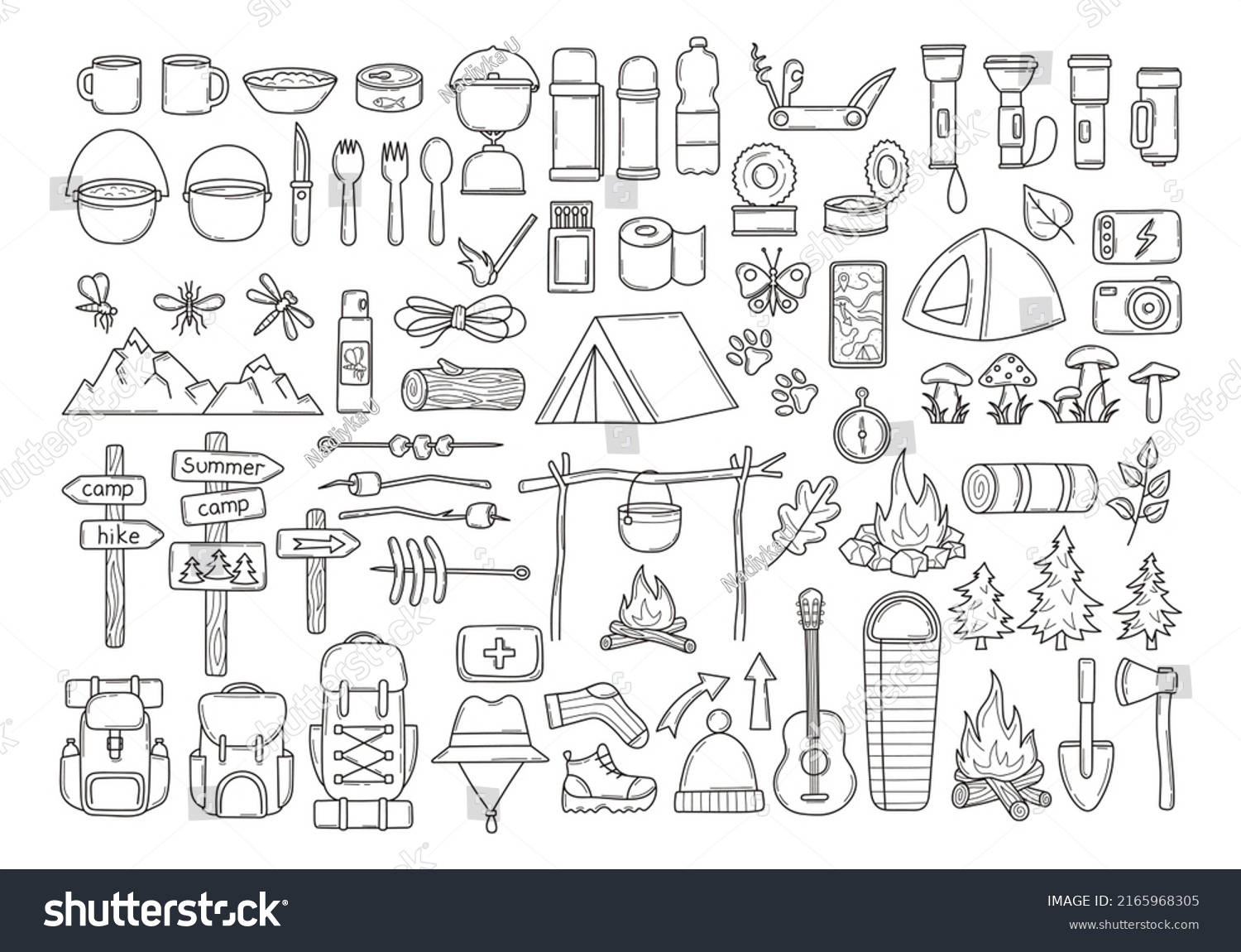 Large Set Hiking Equipment Doodle Hand Stock Vector (royalty Free 