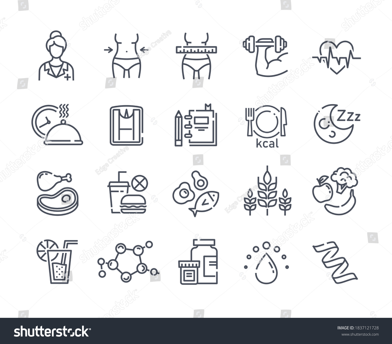 SVG of Large set of line black and white drawn diet icons depicting healthy fresh food and takeaways, tape measure, dieting, waistline and exercise, vector illustration svg
