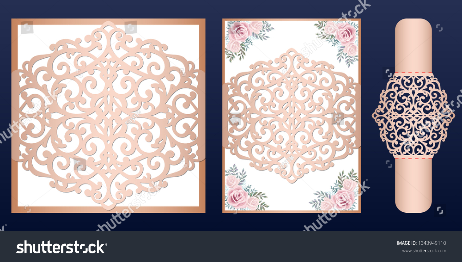 SVG of Laser cut wedding invitation card template vector. Wedding invitation or greeting card with Belly Band. Open card with rose flowers. Suitable for greeting cards, invitations, menus. svg