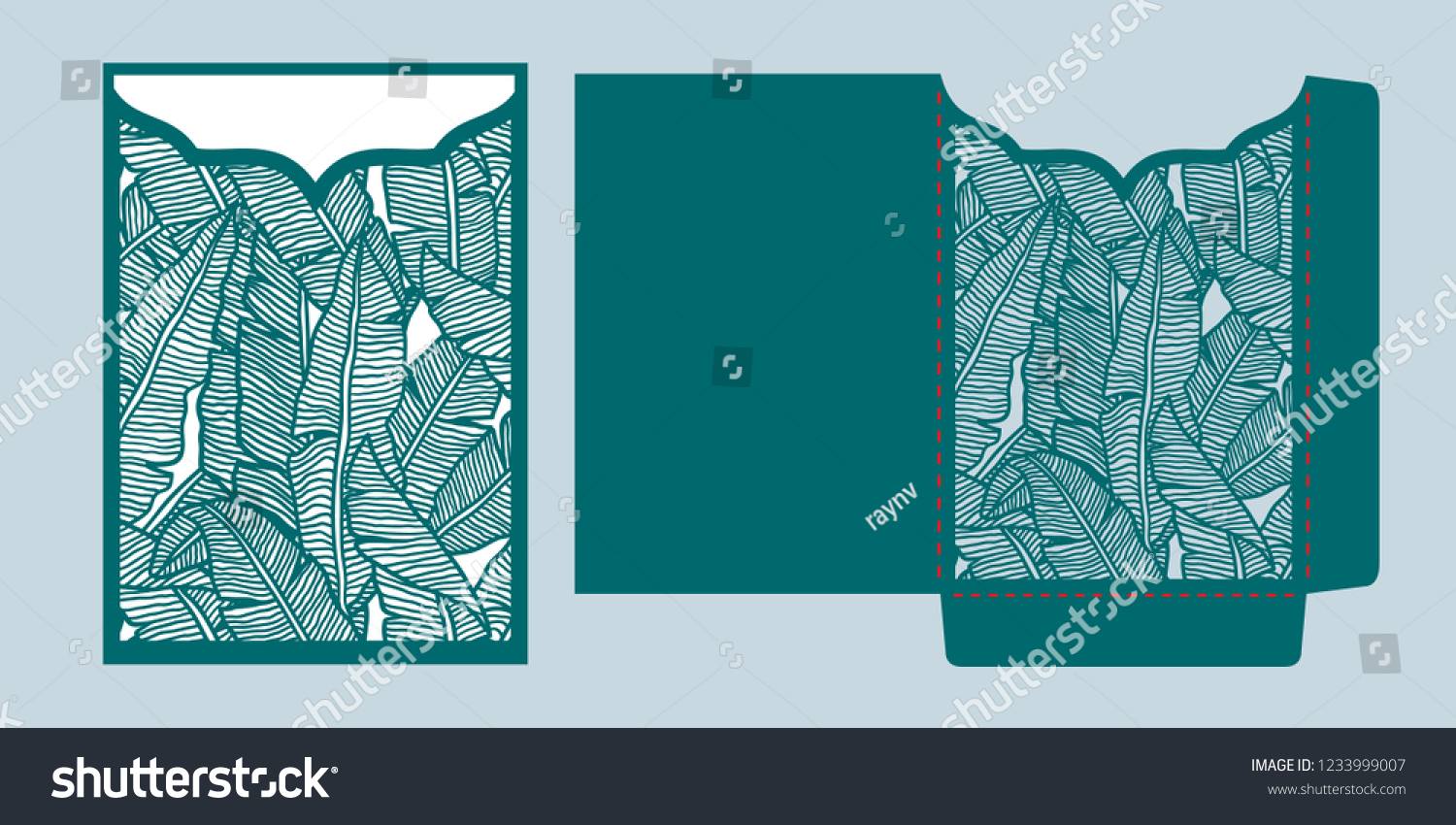 SVG of Laser cut wedding invitation pocket envelope template vector. Die cut paper card with tropical pattern of banana leaves. Greeting card or invitation cover template for cutting in tropical style. svg