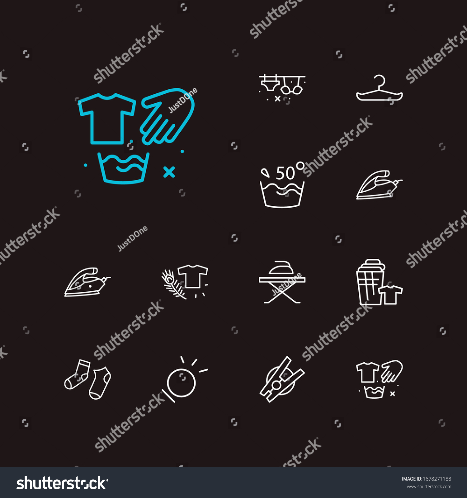 SVG of Laundry icons set. Water temperature 50 deg and laundry icons with hanger, different socks and t-shirt. Set of clear for web app logo UI design. svg