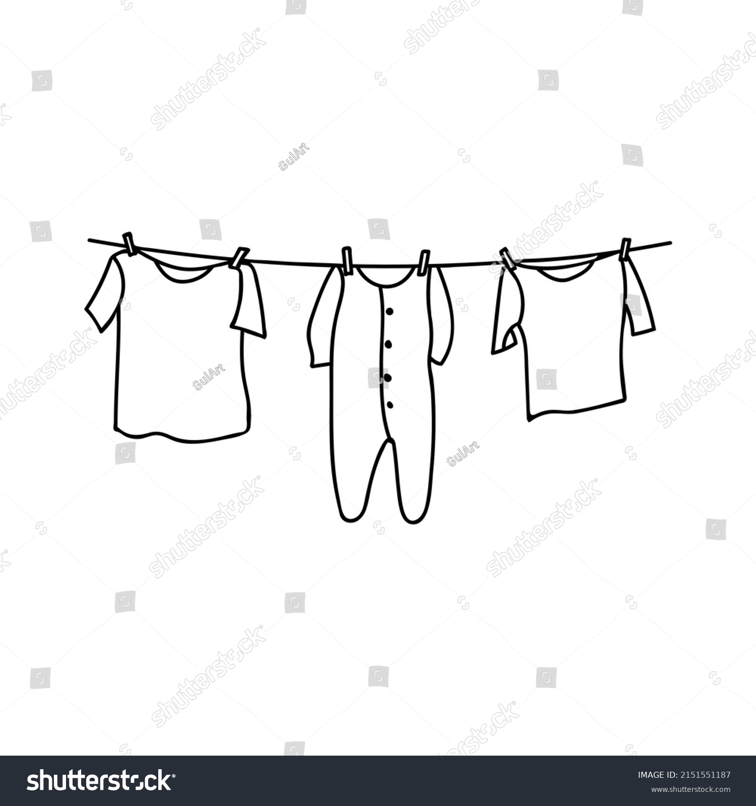 recommend clip art: Laundry line doodle illustration in vector. Laundry line hand drawn illustration. Drying clothes on laundry line doodle illustration.