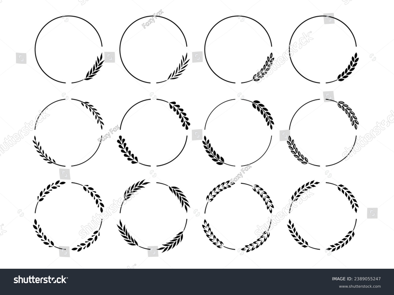 SVG of Laurel branches frames. Vintage laurel wreath round frame borders with bay leaves, ornate award, wedding invitation decorative floral elements. Isolated vector set. Organic plants in circular shape svg