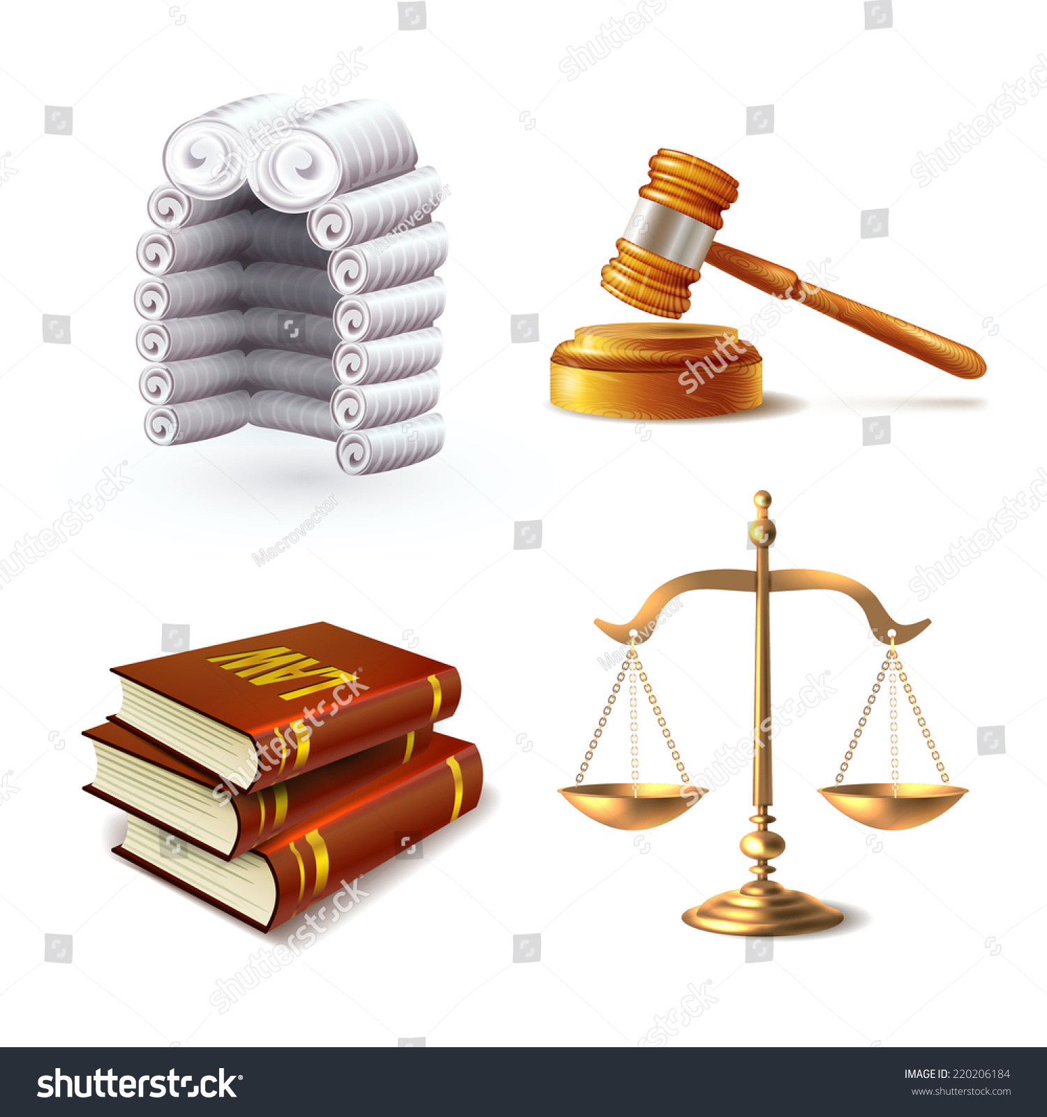 Law Legal Justice Icons Set With Judge Wig Gavel Books And Scales Isolated Vector Illustration