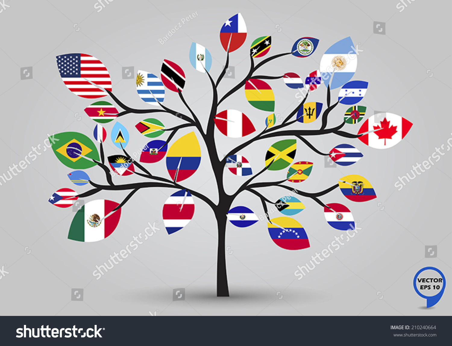 Leaf Flags American Continents Tree Design Stock Vector 210240664 Shutterstock