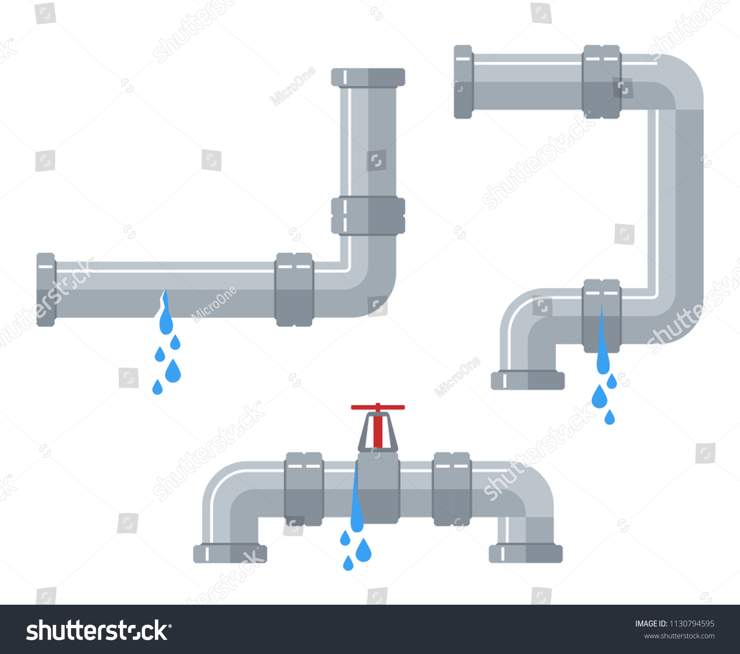 水道管の漏れ 漏れ 漏れ弁 ドリップ継手のベクター画像セットと破損した鋼とプラスチックのパイプライン 配管パイプライン 配管漏れの破損したイラスト のベクター画像素材 ロイヤリティフリー