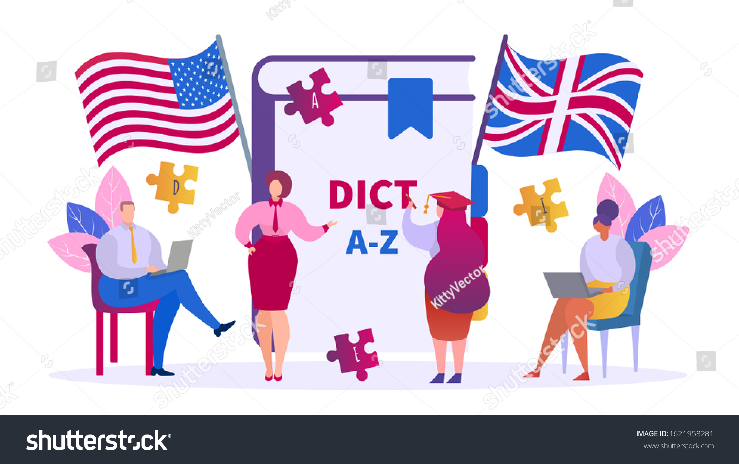 SVG of Learning English education concept, teacher and students vector isolated illustration. Class lesson in group of people studying English language. Dictionary, american and british flags, laptops. svg