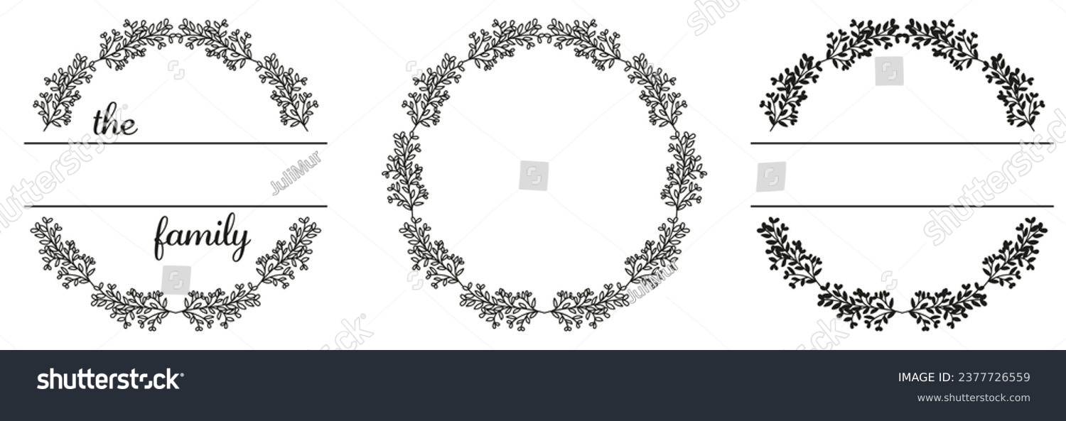 SVG of Leaves split monogram. Set of family monogram frame. Space for surname. Vector illustration of wildflower wreath svg
