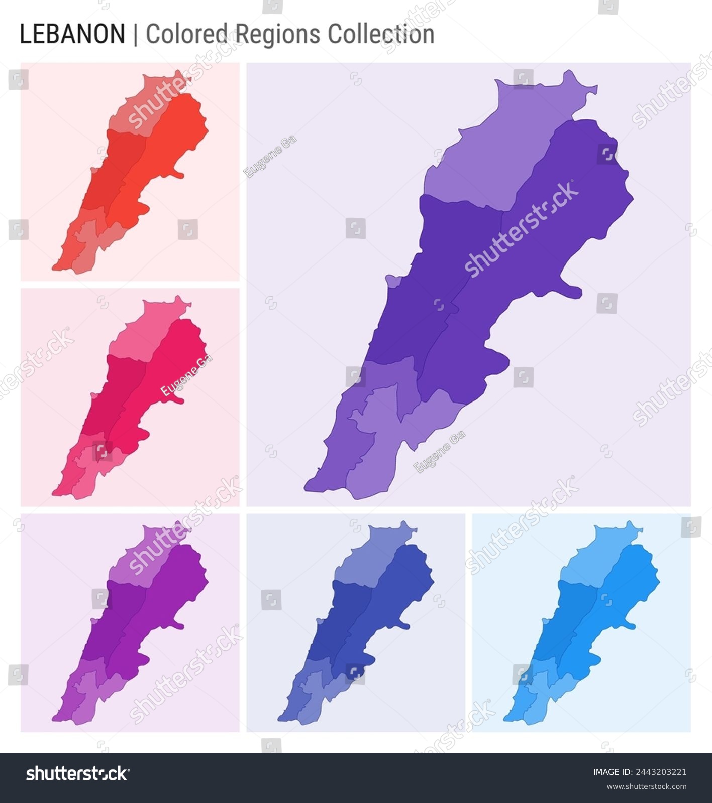 SVG of Lebanon map collection. Country shape with colored regions. Deep Purple, Red, Pink, Purple, Indigo, Blue color palettes. Border of Lebanon with provinces for your infographic. Vector illustration. svg