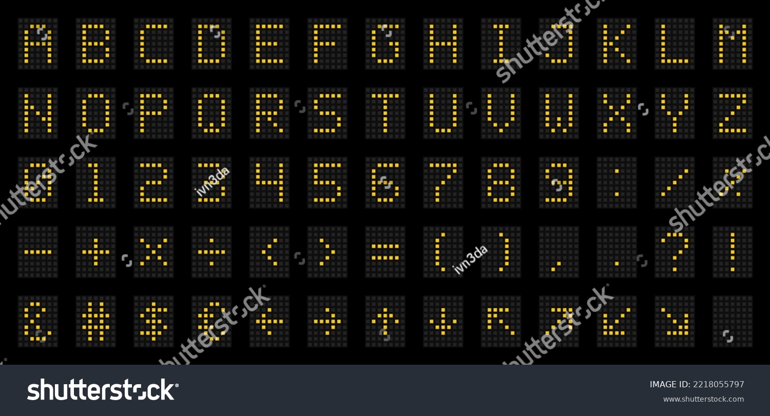 SVG of LED Digital Alphabet for Electronic Digital Display, Signages, Information Panels, Sports, Games, Data Boards, Schedules. Dot font with yellow letters, numbers, signs and symbols. Vector illustration svg