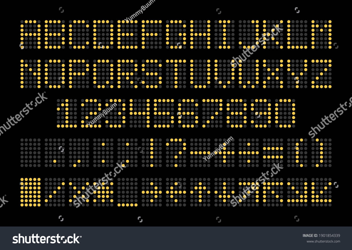 SVG of Led display font. Dot light english alphabet, electronic digital board yellow letters, numbers and signs isolated on black background, sport stadium and airport calculation usage. Vector abc set svg