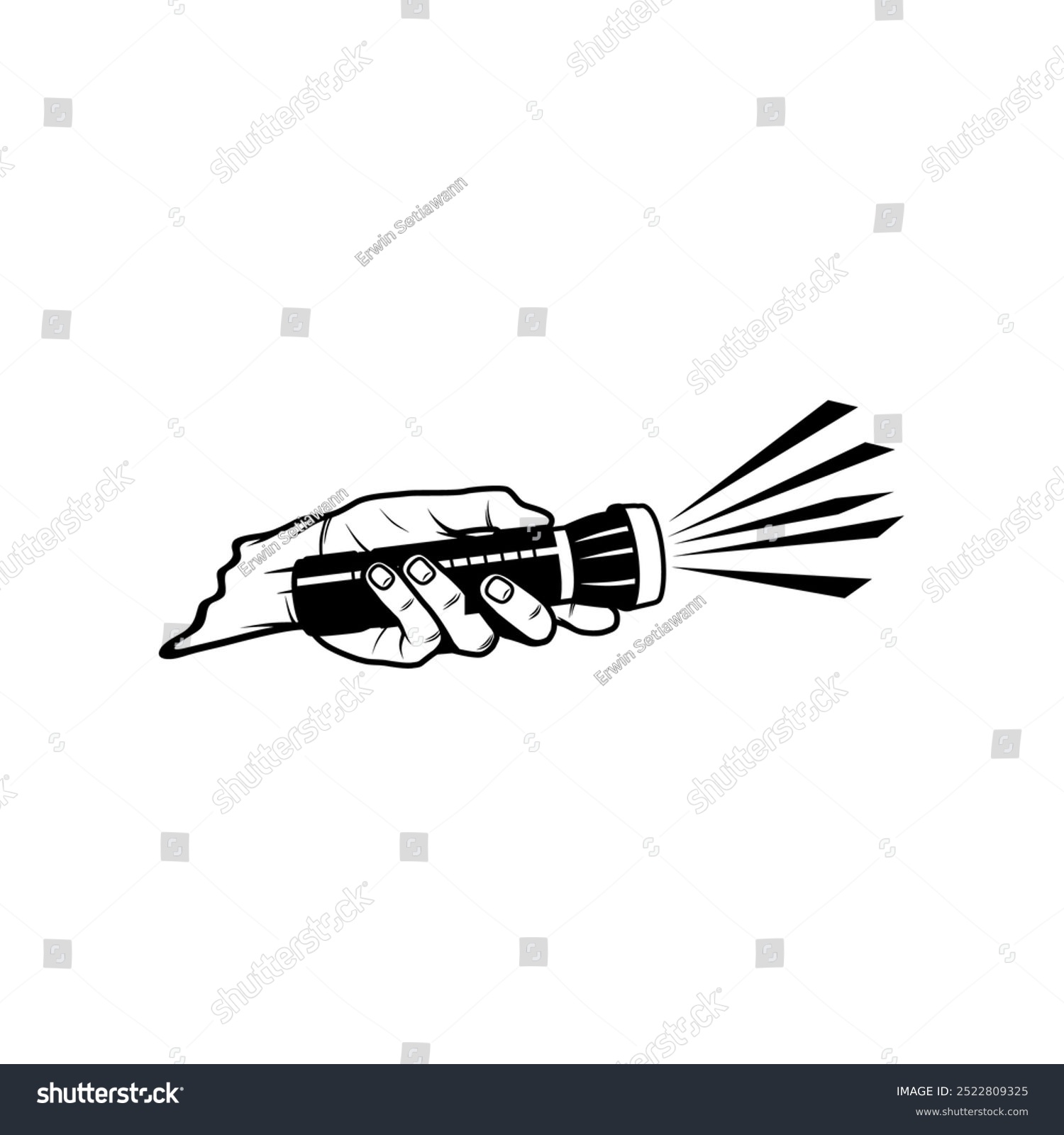 black hand holding flashlight with light beams clip art preview