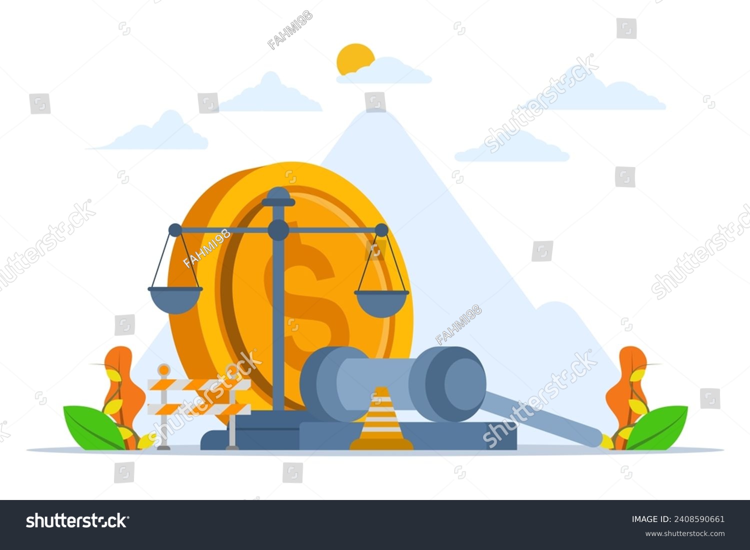 SVG of legal or law concept to compensate payment, hammer of justice with dollar bill symbol and accident pole. Workers' compensation, wage replacement insurance, employee injury benefits. flat vector. svg