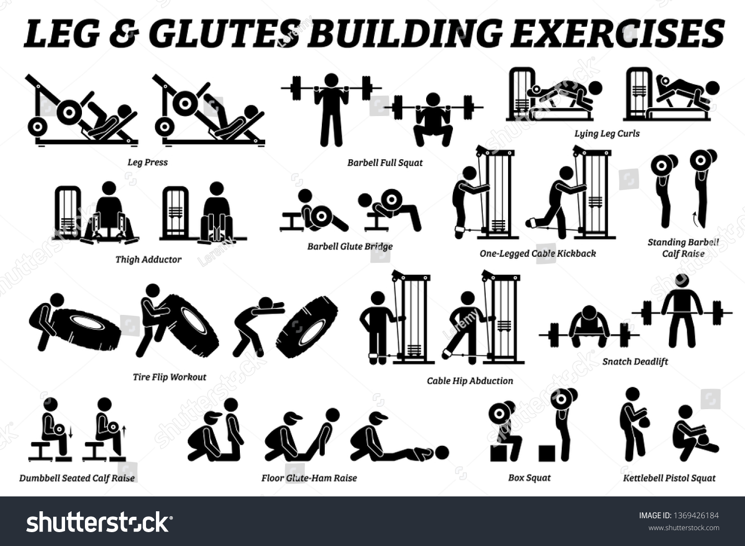 SVG of Legs and glutes building exercise and muscle building stick figure pictograms. Artworks depict set of weight training reps workout for legs and glutes by gym machine tools with instructions and steps. svg