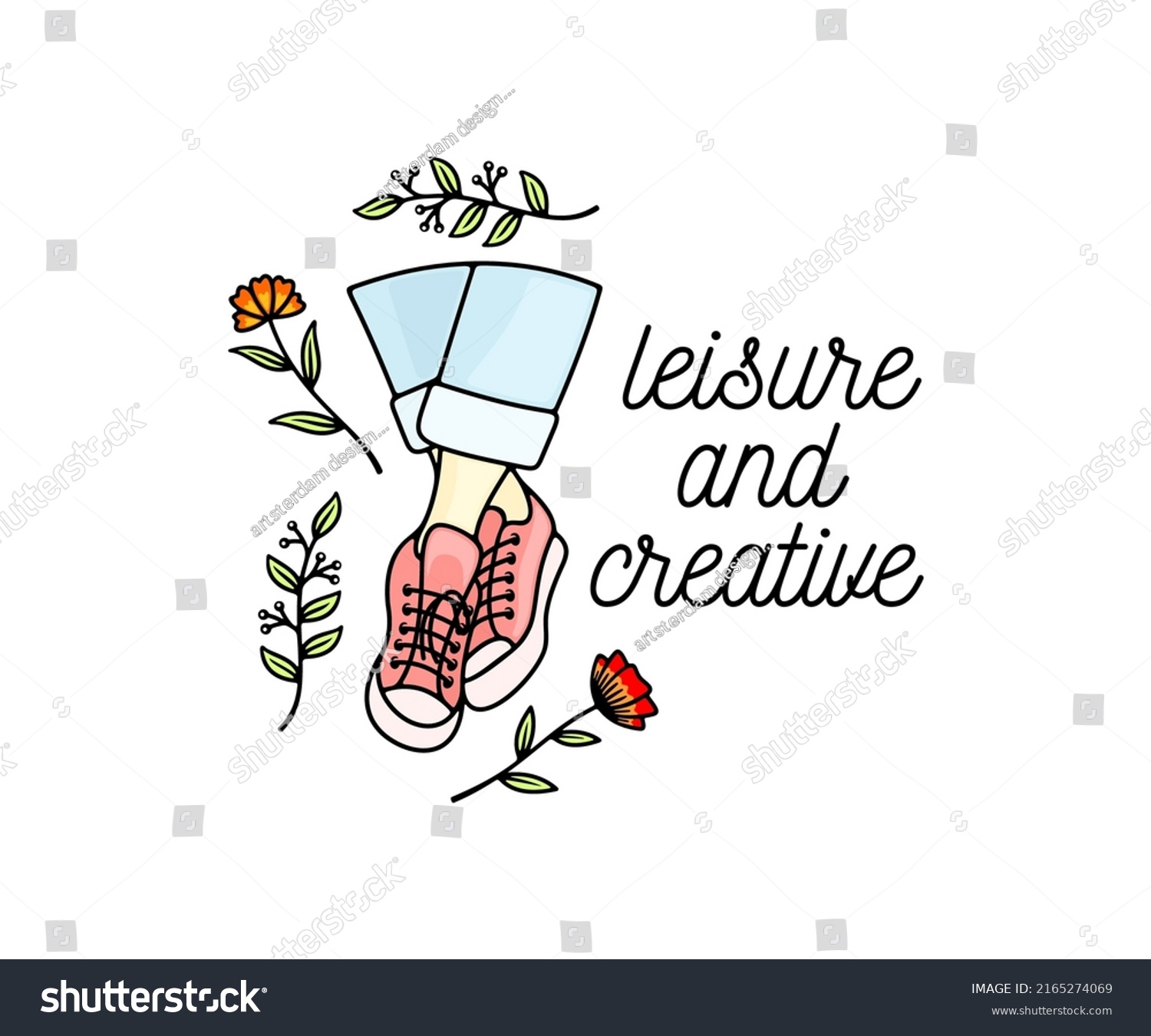 SVG of Legs dangle shod in sneakers and flowers, logo design. Shoes, fashion, plants and nature, vector design and illustration svg