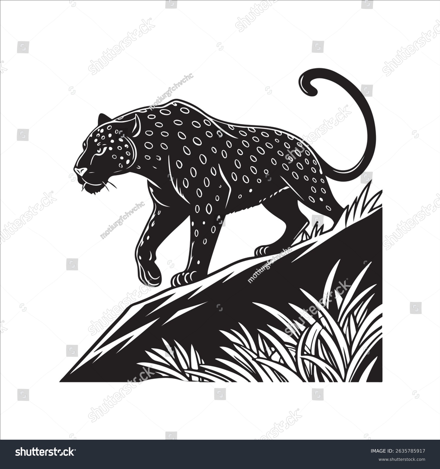 black leopard walking on rock clip art preview