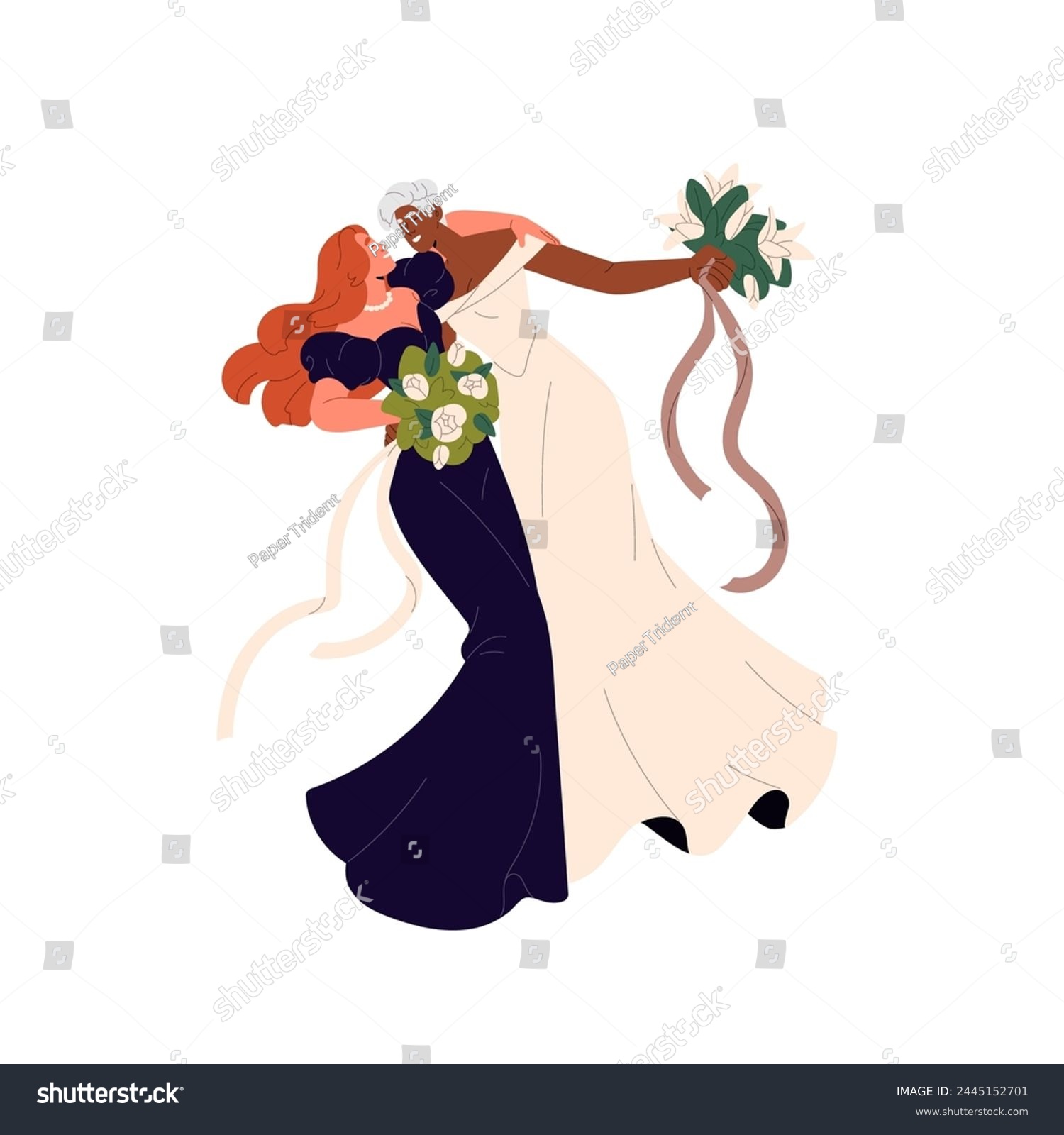 SVG of Lesbians in bridal dresses celebrate marriage. Interracial homosexual couple wedding. Newlywed women hug, hold flowers. LGBT family bonding. Flat isolated vector illustration on white background svg