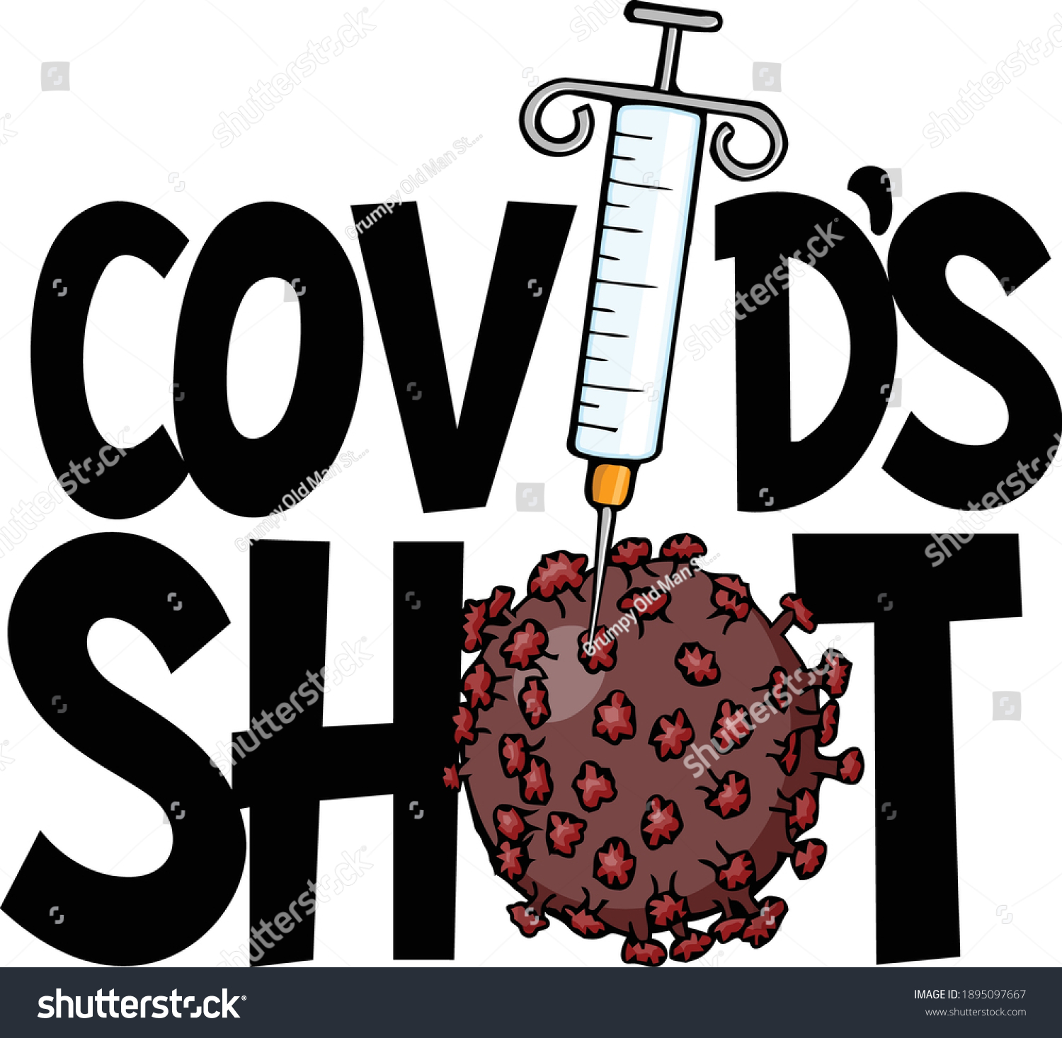 SVG of Lets celebrate the end of covid with new vaccine.  This design features a needle sticking the coronavirus with words covids shot.
 svg