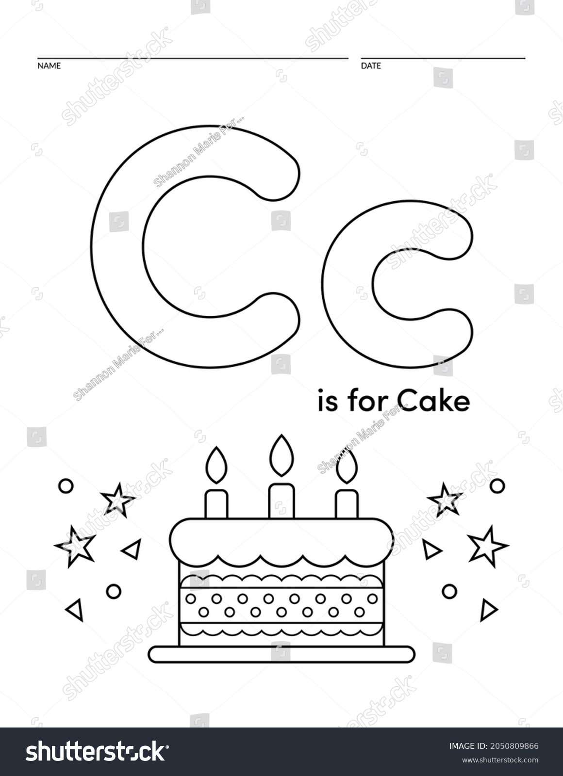 Vektor Stok Letter C Cake Alphabet Learning Worksheet Tanpa Royalti