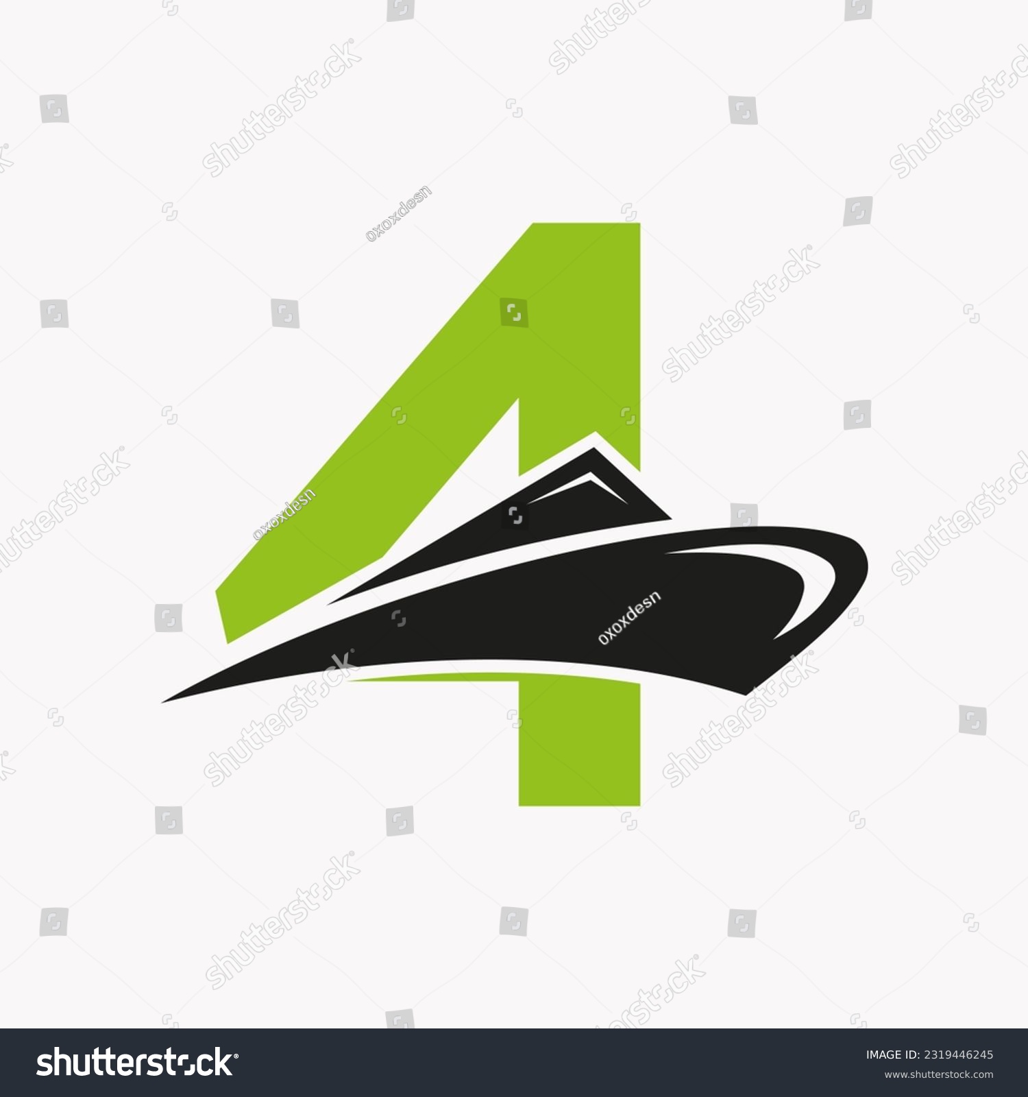 SVG of Letter 4 Cruise Ship Logo Boat Icon. Yacht Symbol, Marine Logotype Vector Template svg