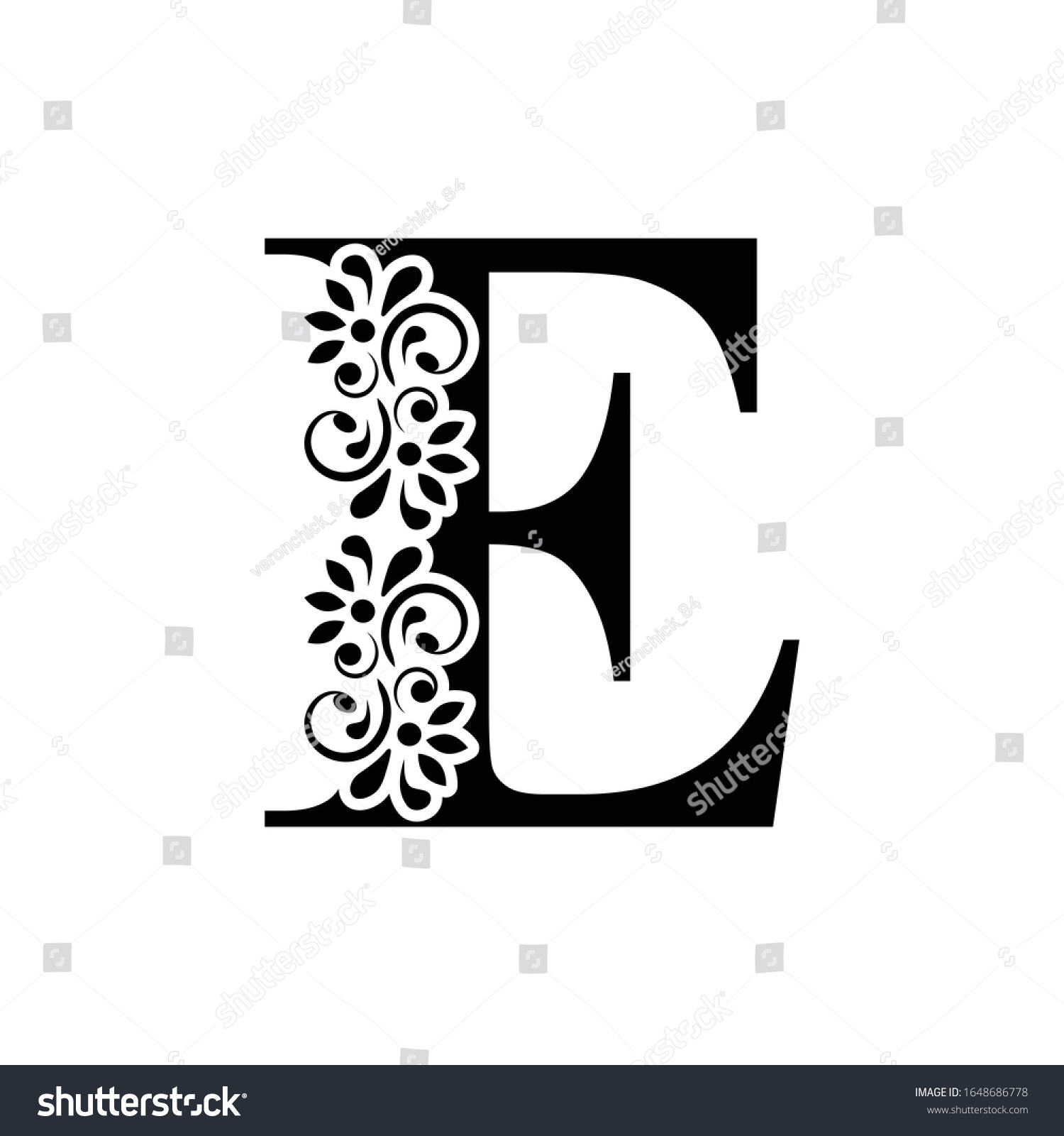 Letter E Vintage Black Flower Ornament Stock Vector Royalty Free